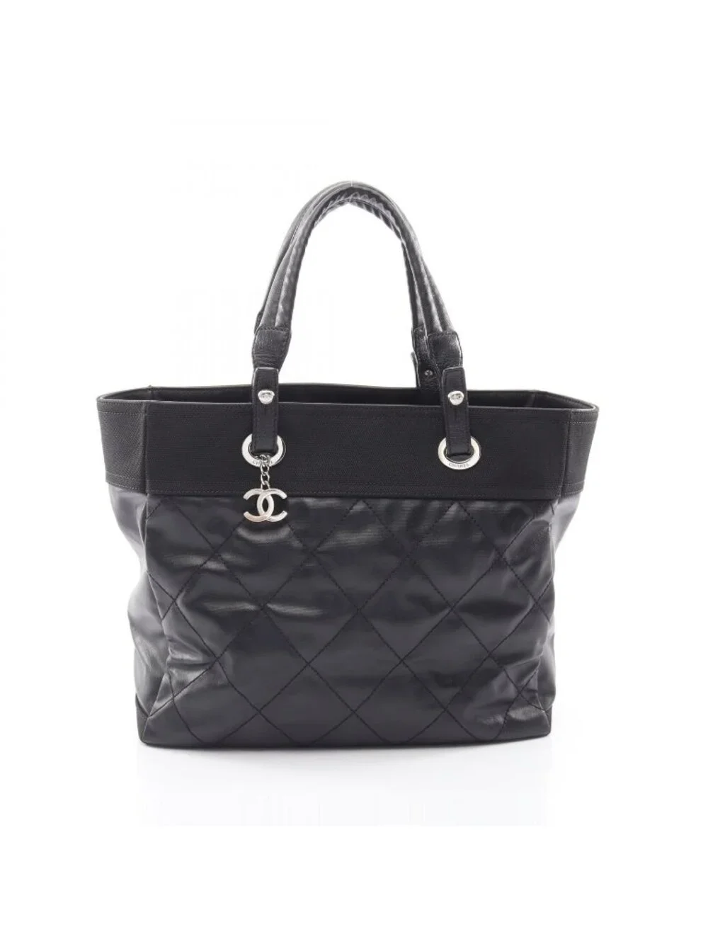 Chanel Tote Bag Paris Biarritz MM Black Canvas Leather MM